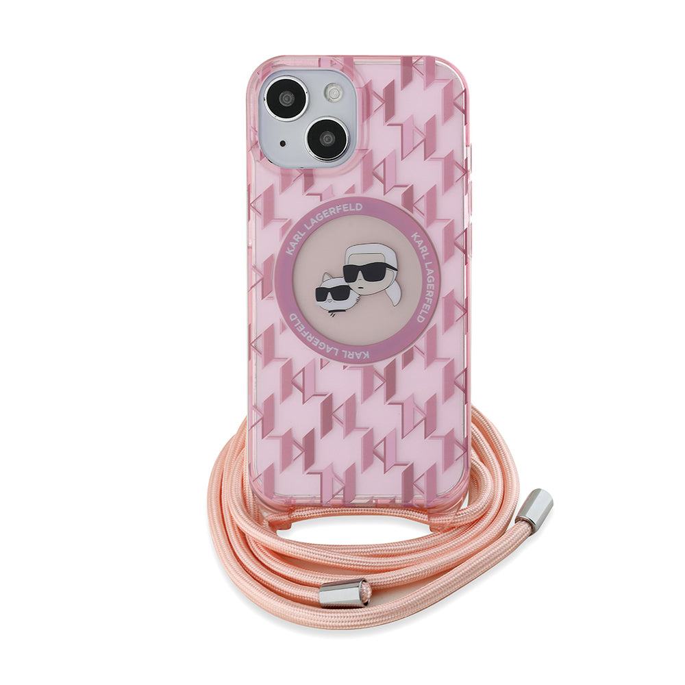 MagSafe Hülle für Apple iPhone 15, Karl Lagerfeld, IML Crossbody Monogram Karl & Choupette's Heads, Rosa