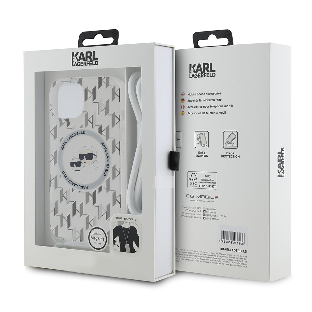 Étui MagSafe pour Apple iPhone 15, Karl Lagerfeld, IML Crossbody Monogramme Karl & Têtes de Choupette, Transparent