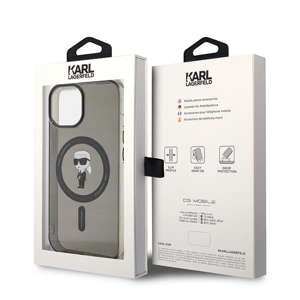 Coque MagSafe pour Apple iPhone 15, Karl Lagerfeld, IML Ikonik Karl, Noire