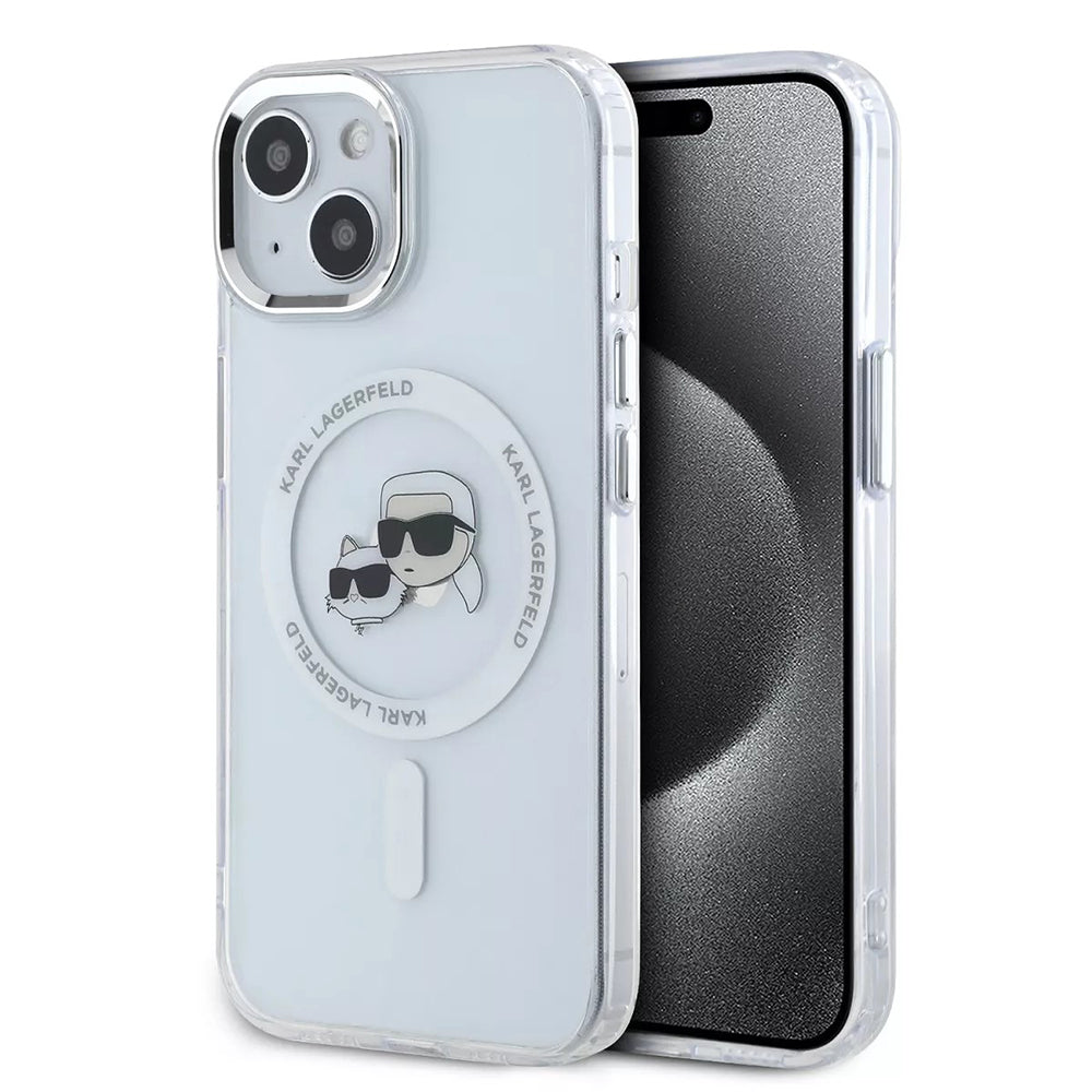 Housse MagSafe pour Apple iPhone 15, Karl Lagerfeld, IML Metal Karl & Choupette's Heads, Blanche