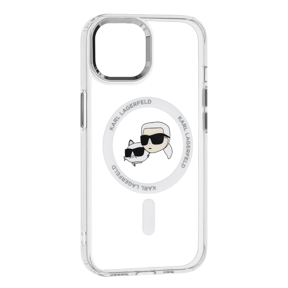 Housse MagSafe pour Apple iPhone 15, Karl Lagerfeld, IML Metal Karl & Choupette's Heads, Blanche