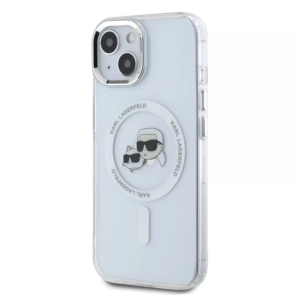 Housse MagSafe pour Apple iPhone 15, Karl Lagerfeld, IML Metal Karl & Choupette's Heads, Blanche