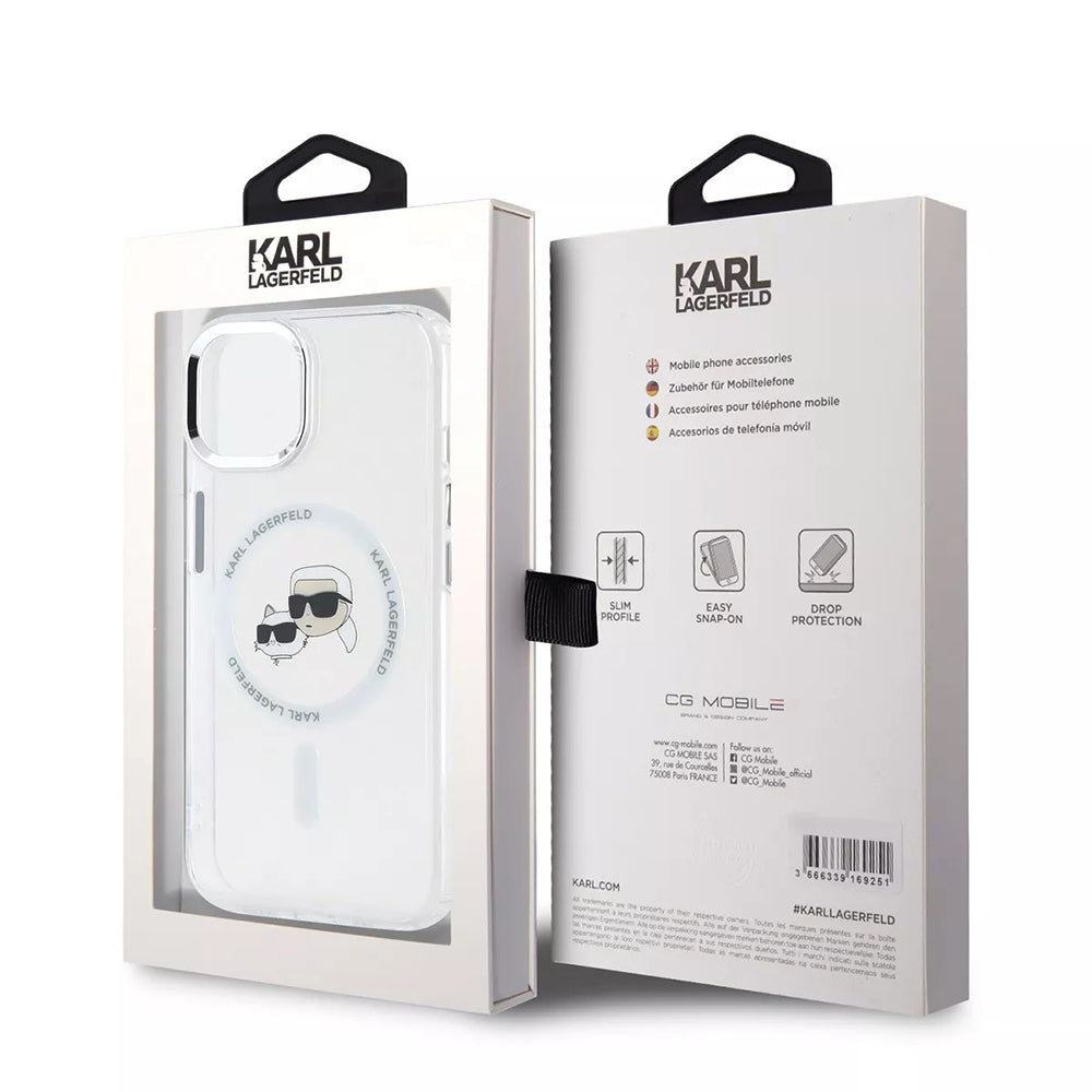 Housse MagSafe pour Apple iPhone 15, Karl Lagerfeld, IML Metal Karl & Choupette's Heads, Blanche