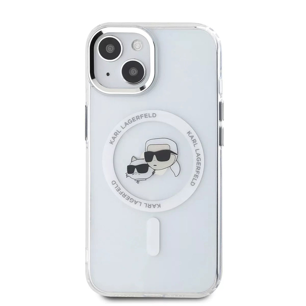 Housse MagSafe pour Apple iPhone 15, Karl Lagerfeld, IML Metal Karl & Choupette's Heads, Blanche