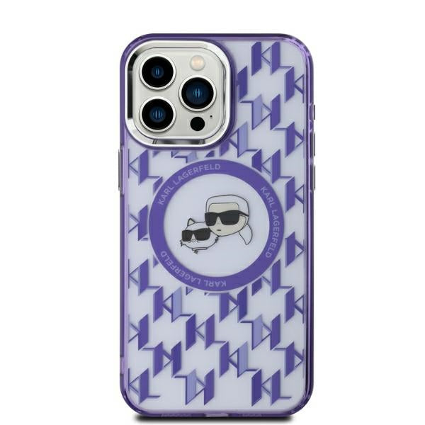 Étui MagSafe pour Apple iPhone 15, Karl Lagerfeld, IML Monogramme Karl & Têtes de Choupette, Violet