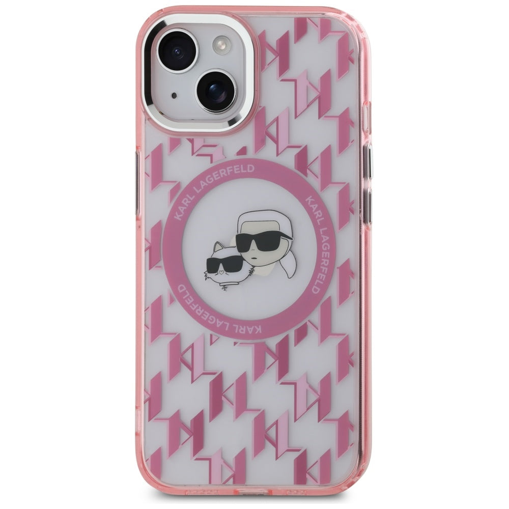 MagSafe Hülle für Apple iPhone 15, Karl Lagerfeld, IML Monogramm Karl & Choupette's Köpfe, Rosa