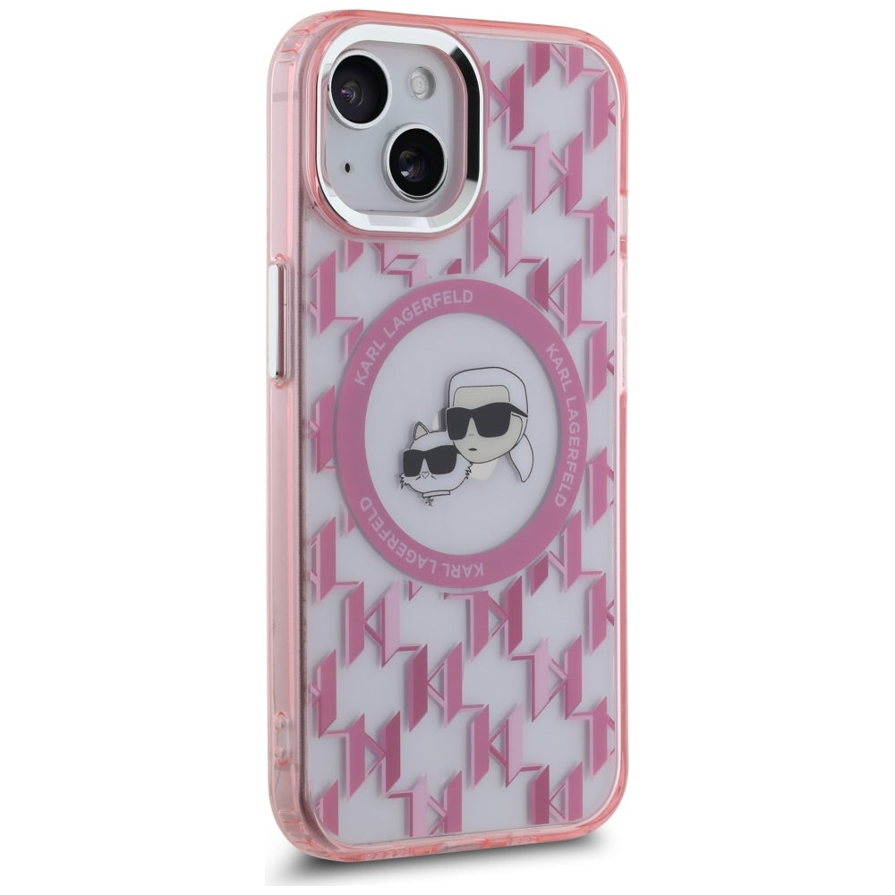 MagSafe Hülle für Apple iPhone 15, Karl Lagerfeld, IML Monogramm Karl & Choupette's Köpfe, Rosa