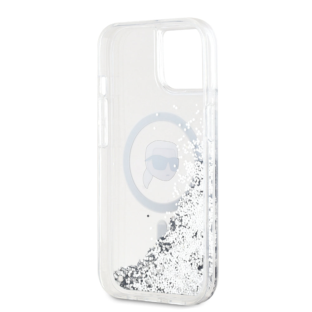 MagSafe Hülle für Apple iPhone 15, Karl Lagerfeld, Liquid Glitter Karl's Head, Transparent