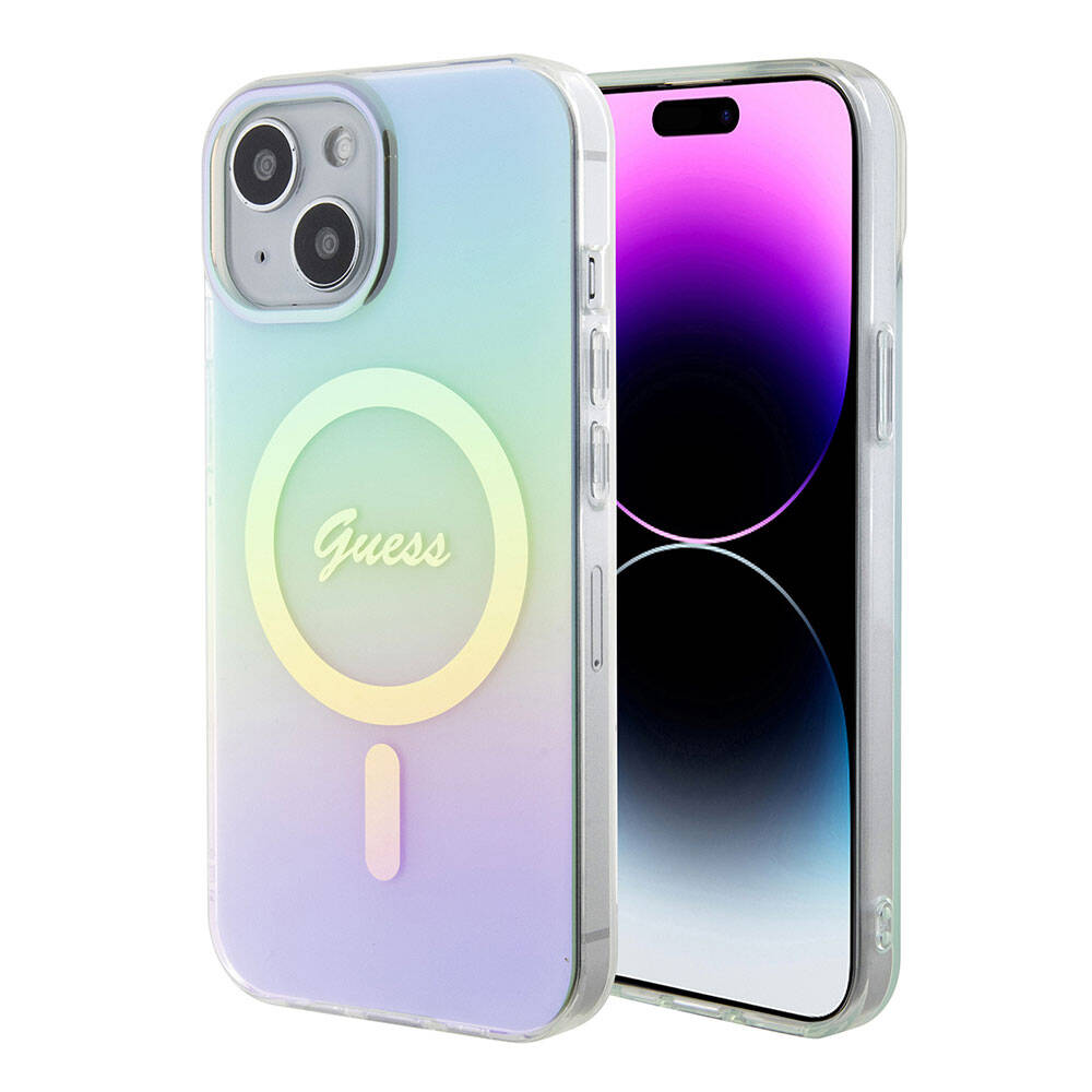 MagSafe hoesje voor Apple iPhone 15 Plus, Guess, IML Iridescent, Turquoise