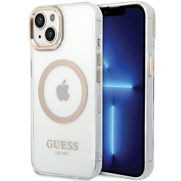 MagSafe Case for Apple iPhone 15 Plus, Guess, Metal Outline, Gold