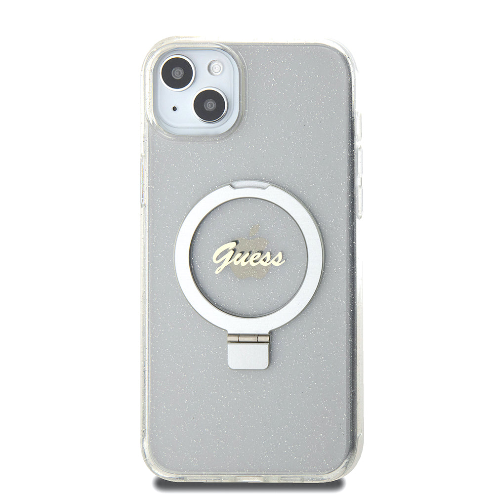 MagSafe Hülle für Apple iPhone 15 Plus, Guess, Ring Stand Script Glitter, Transparent