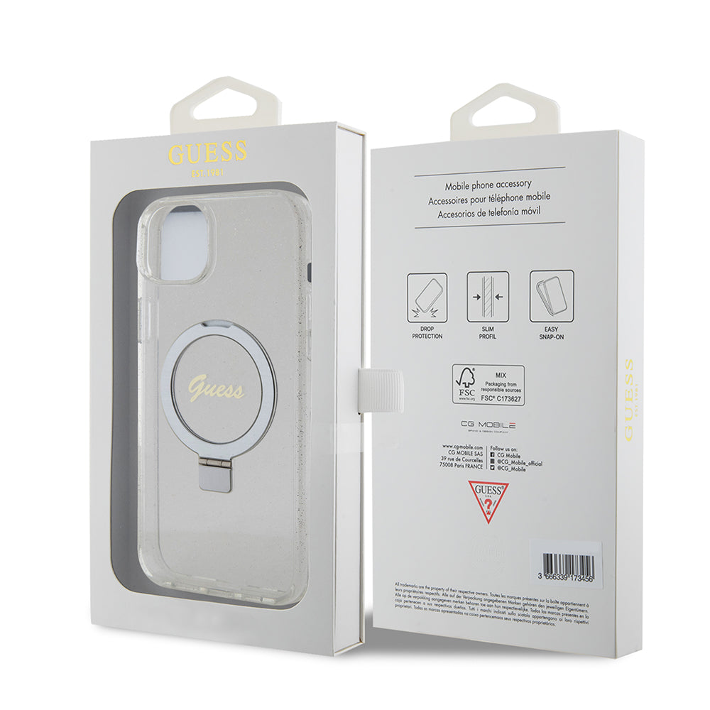 MagSafe Hülle für Apple iPhone 15 Plus, Guess, Ring Stand Script Glitter, Transparent