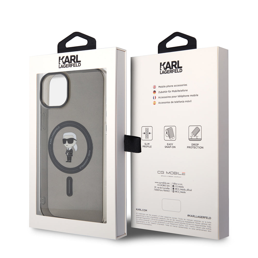 MagSafe Case for Apple iPhone 15 Plus, Karl Lagerfeld, IML Ikonik Karl, Black