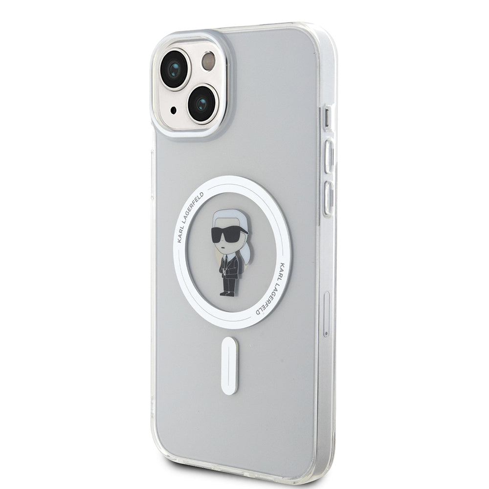 Coque MagSafe pour Apple iPhone 15 Plus, Karl Lagerfeld, IML Ikonik Karl, Transparente