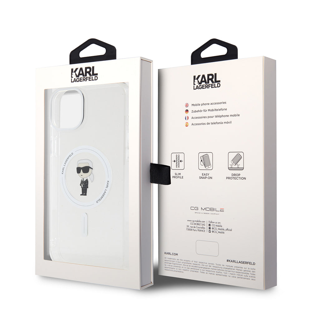Coque MagSafe pour Apple iPhone 15 Plus, Karl Lagerfeld, IML Ikonik Karl, Transparente
