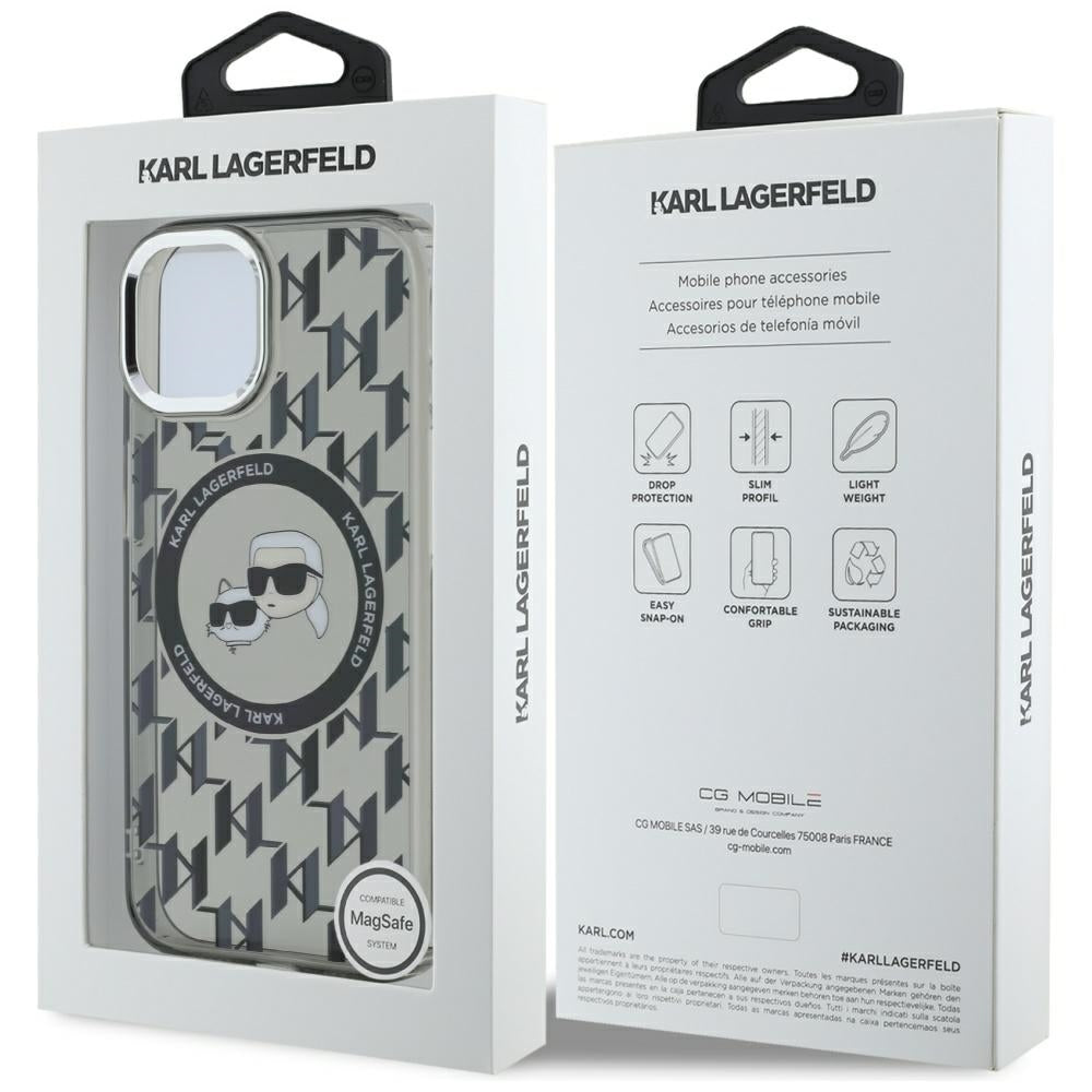 Étui MagSafe pour Apple iPhone 15 Plus, Karl Lagerfeld, IML Monogramme Karl & Têtes de Choupette, Noir