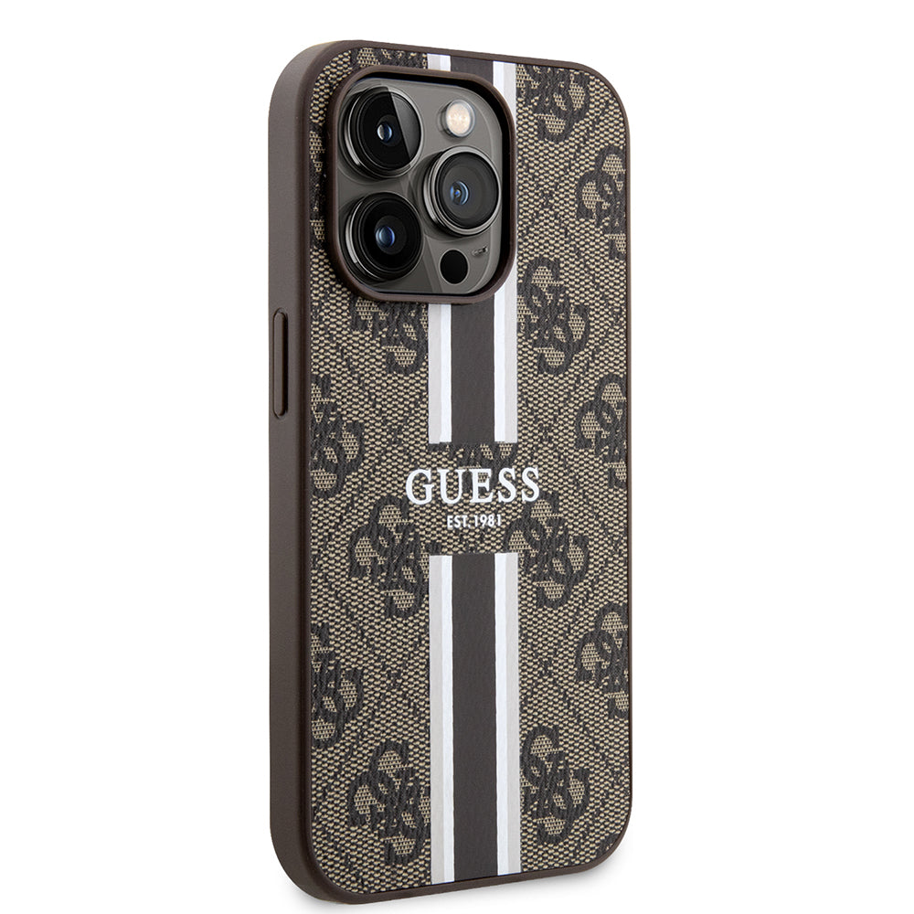 Étui MagSafe pour Apple iPhone 15 Pro, Guess, 4G Printed Stripes, Marron