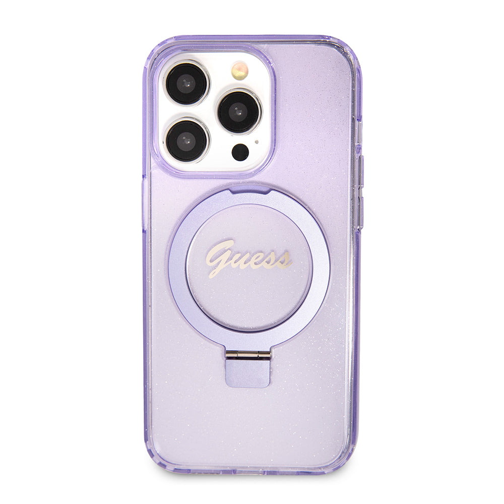 Coque MagSafe pour Apple iPhone 15 Pro, Guess, IML Ring Stand Glitter, Violet