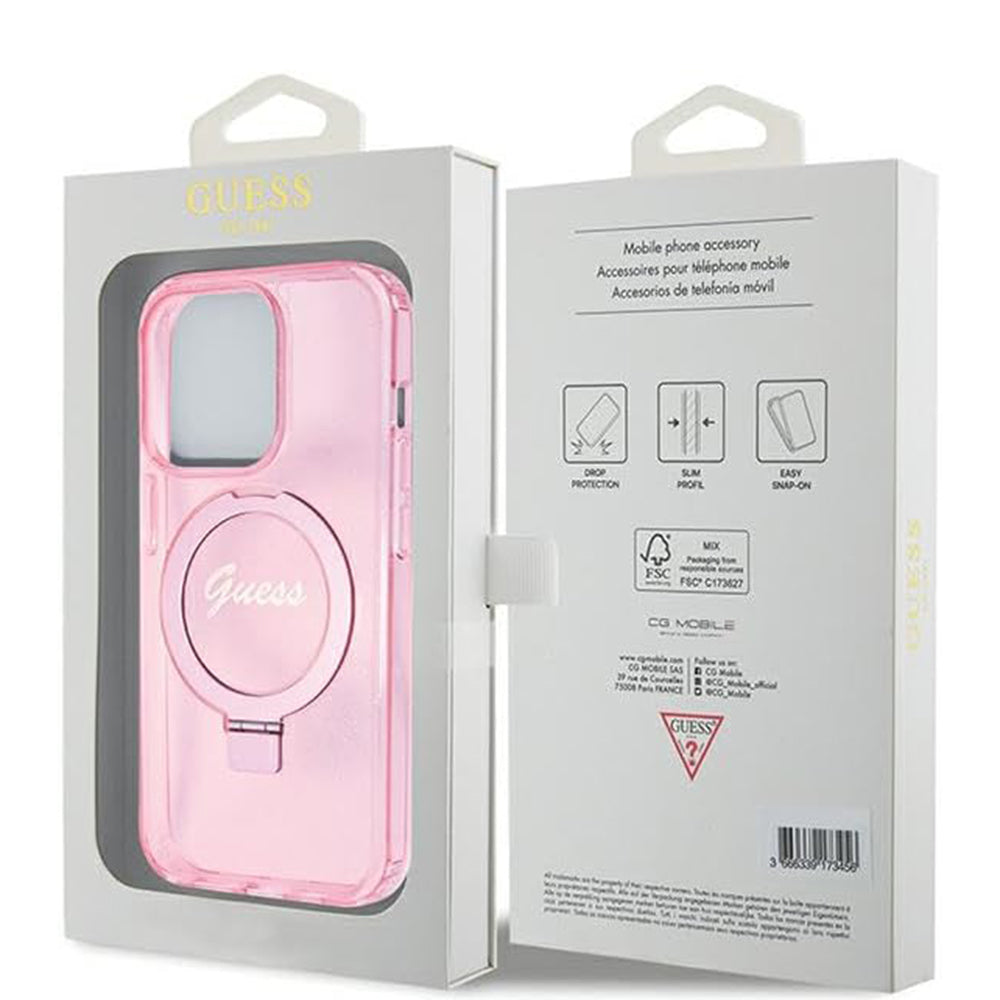Coque MagSafe pour Apple iPhone 15 Pro, Guess, IML Ring Stand Glitter, Rose
