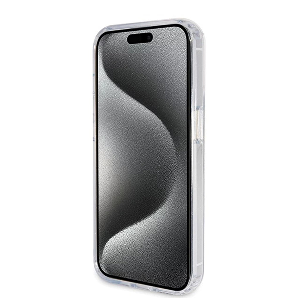 Coque MagSafe pour Apple iPhone 15 Pro, Guess, IML Ring Stand Glitter, Transparente