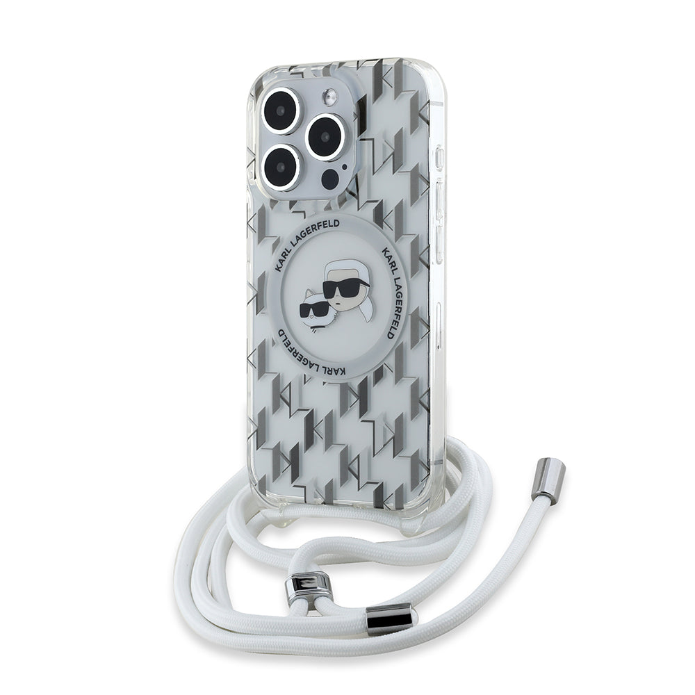 Étui MagSafe pour Apple iPhone 15 Pro, Karl Lagerfeld, IML Crossbody Monogramme Karl & Têtes de Choupette, Transparent