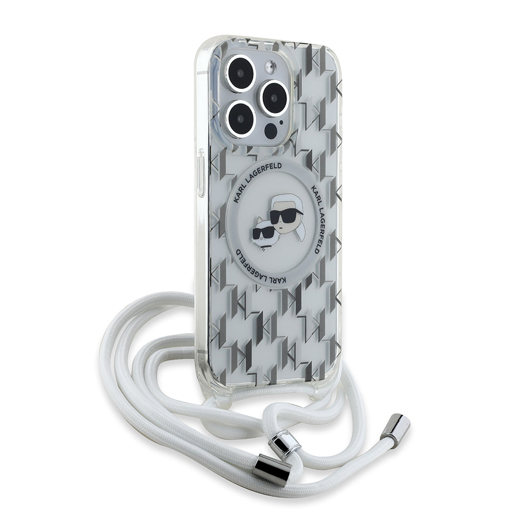 Étui MagSafe pour Apple iPhone 15 Pro, Karl Lagerfeld, IML Crossbody Monogramme Karl & Têtes de Choupette, Transparent
