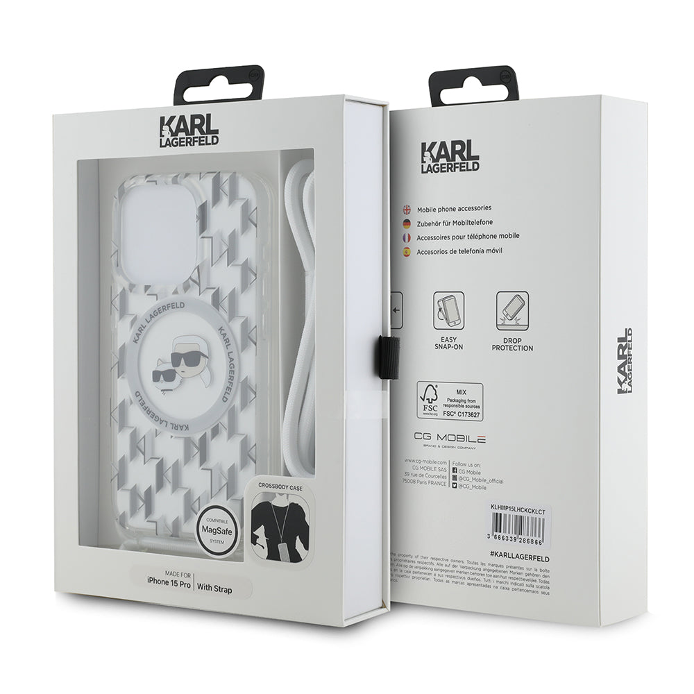 Étui MagSafe pour Apple iPhone 15 Pro, Karl Lagerfeld, IML Crossbody Monogramme Karl & Têtes de Choupette, Transparent