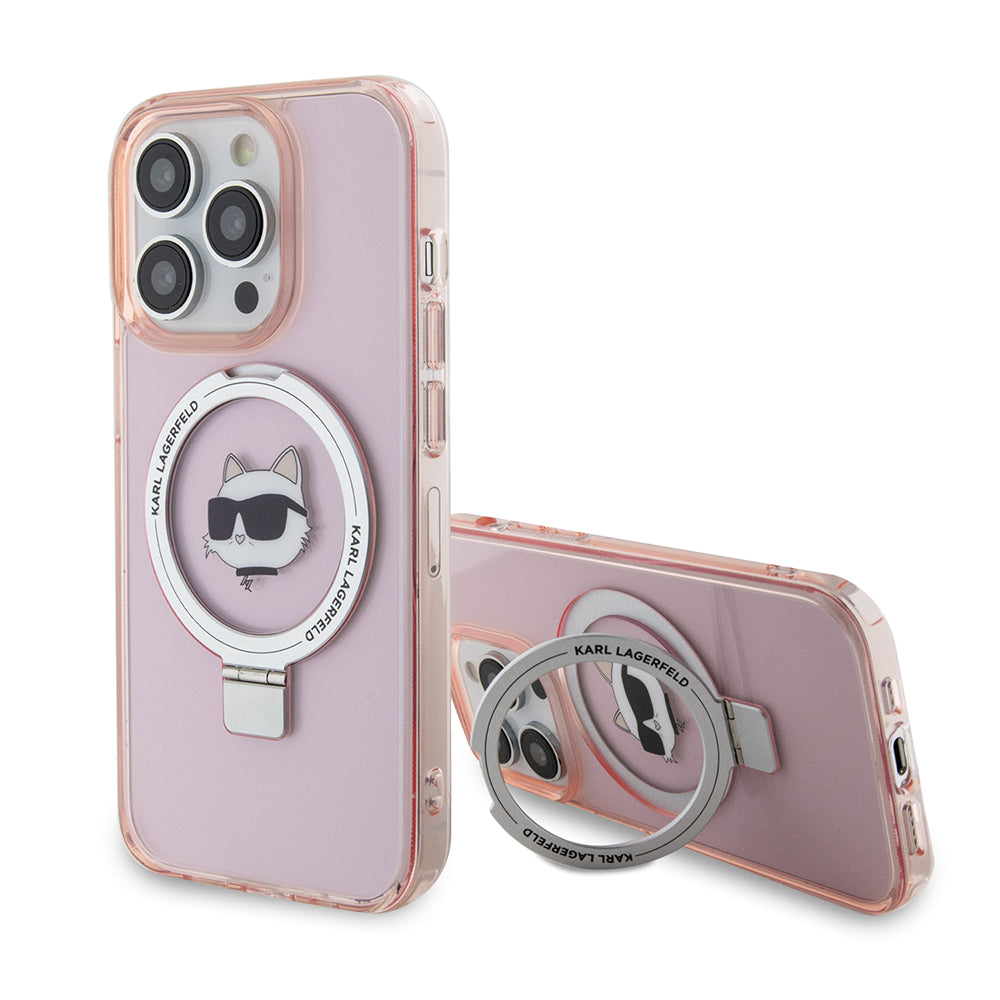 Étui MagSafe pour Apple iPhone 15 Pro, Karl Lagerfeld, Ring Stand Choupette's Head, Rose