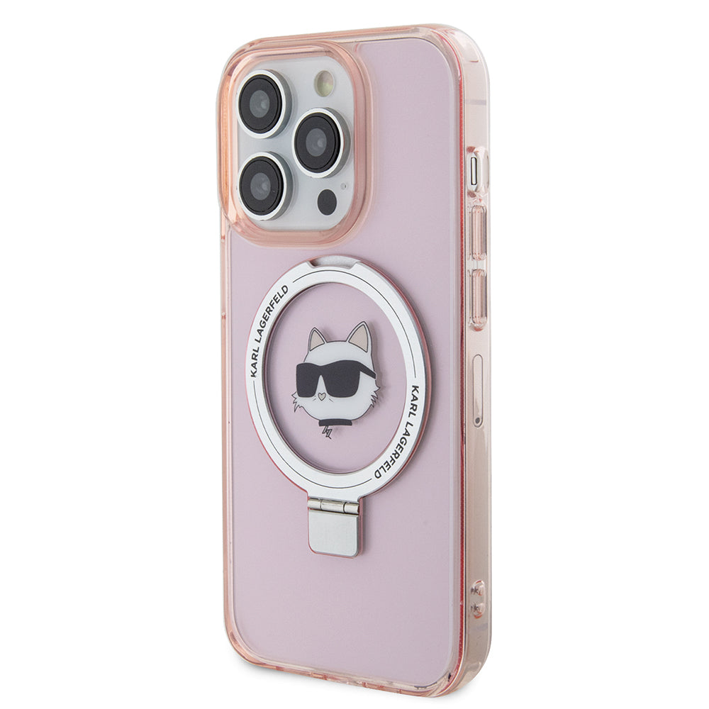 Étui MagSafe pour Apple iPhone 15 Pro, Karl Lagerfeld, Ring Stand Choupette's Head, Rose