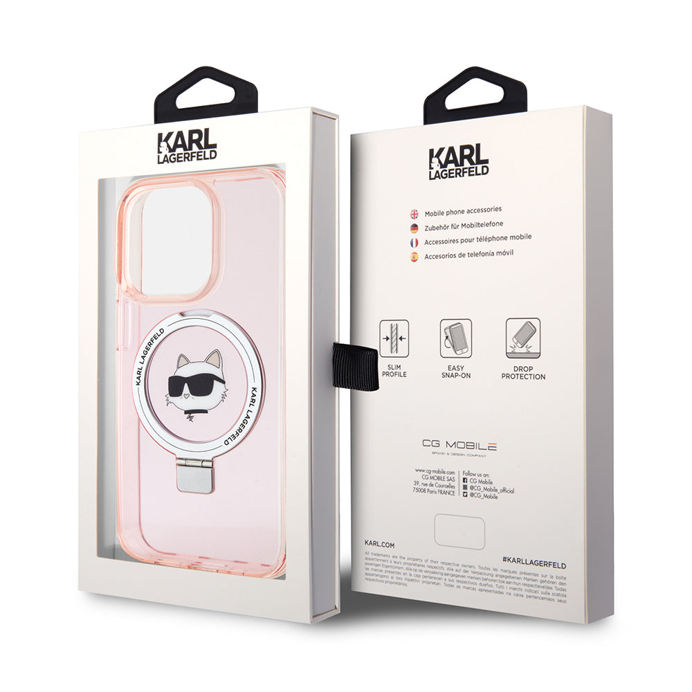 Étui MagSafe pour Apple iPhone 15 Pro, Karl Lagerfeld, Ring Stand Choupette's Head, Rose