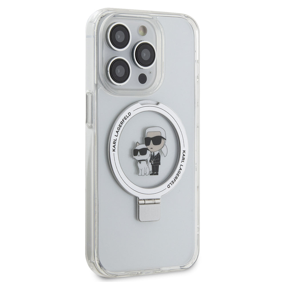 Coque MagSafe pour Apple iPhone 15 Pro, Karl Lagerfeld, Ring Stand Karl & Choupette, Blanche