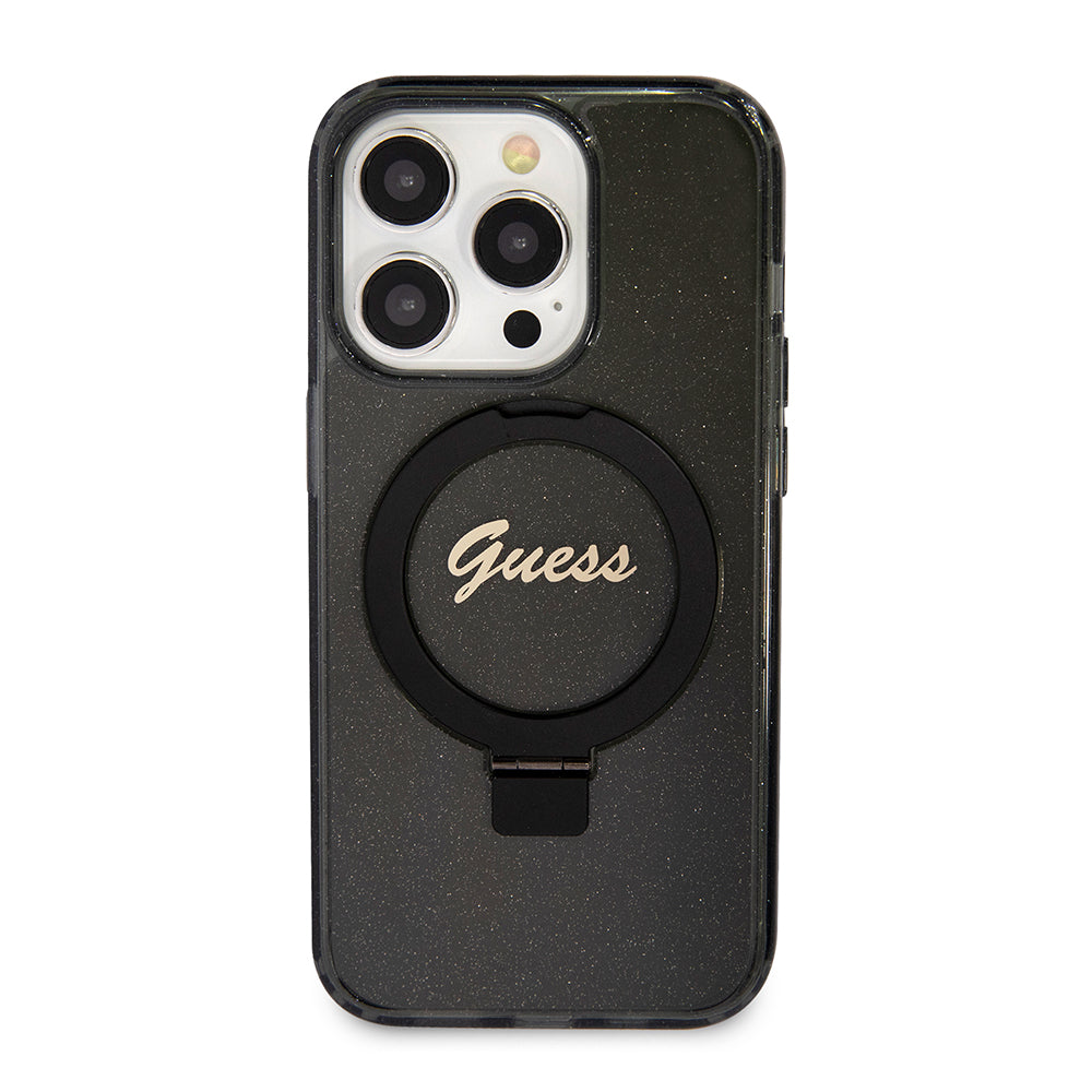 Coque MagSafe pour Apple iPhone 15 Pro Max, Guess, IML Ring Stand Glitter, Noire