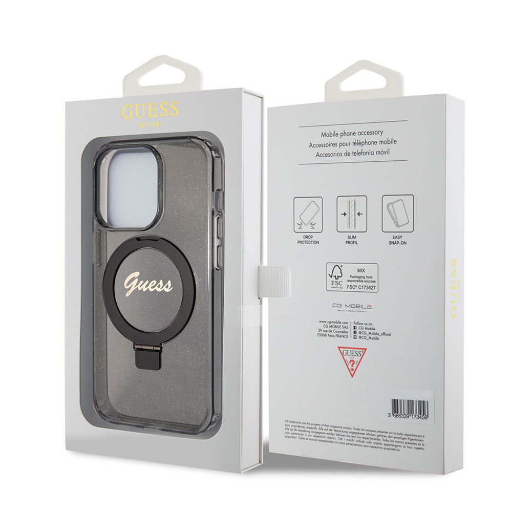 Coque MagSafe pour Apple iPhone 15 Pro Max, Guess, IML Ring Stand Glitter, Noire