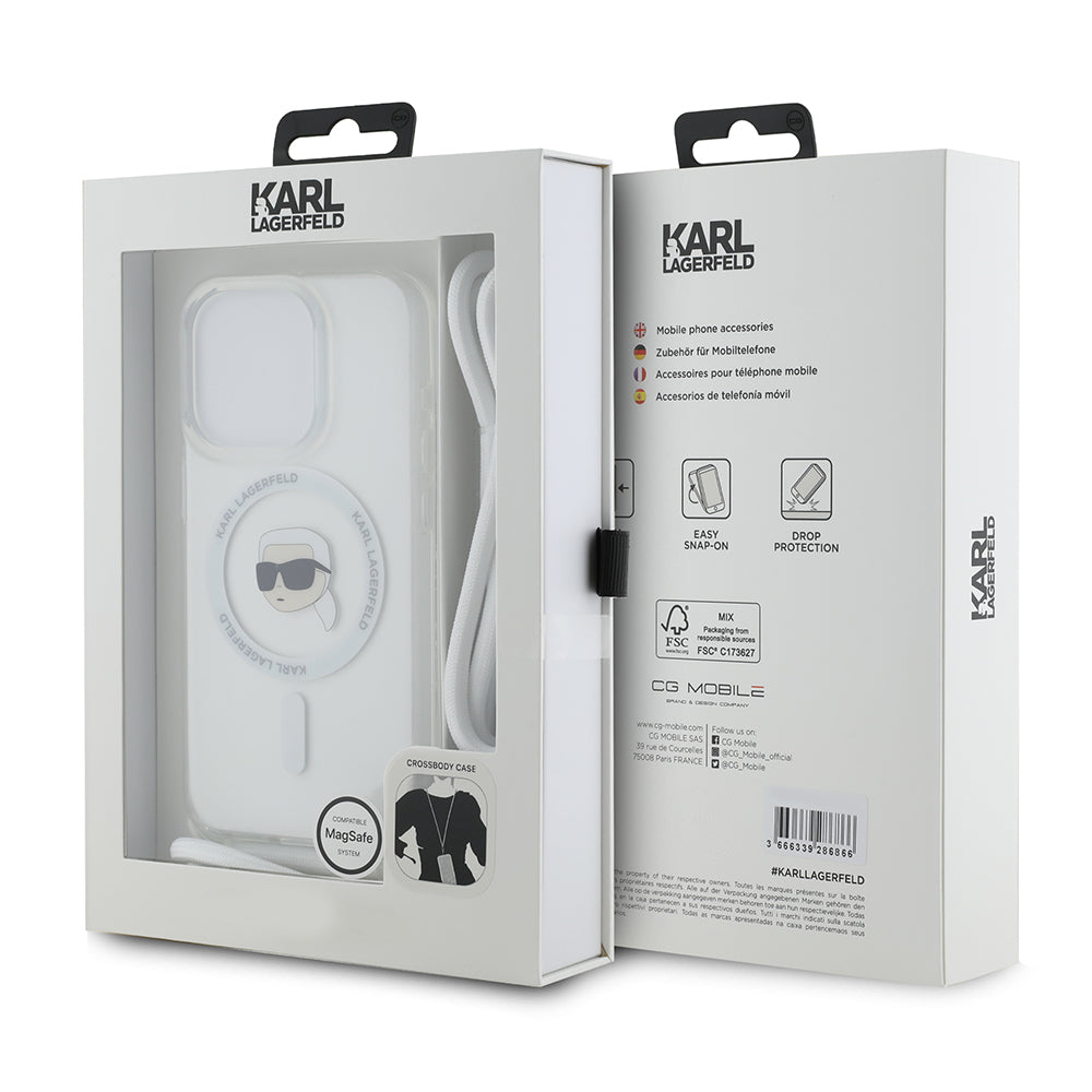 Coque MagSafe pour Apple iPhone 15 Pro Max, Karl Lagerfeld, IML Crossbody Karl's Head, Transparente