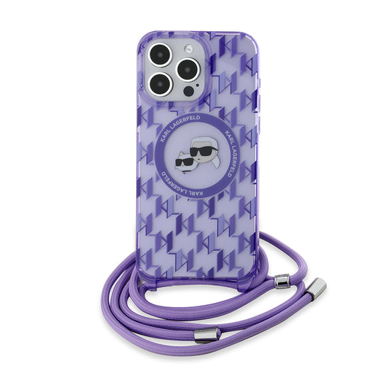 Étui MagSafe pour Apple iPhone 15 Pro Max, Karl Lagerfeld, IML Crossbody Monogram Karl & Choupette's Heads, Violet