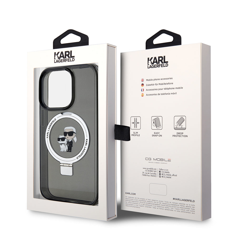 MagSafe Case for Apple iPhone 15 Pro Max, Karl Lagerfeld, Ring Stand Karl & Choupette, Black