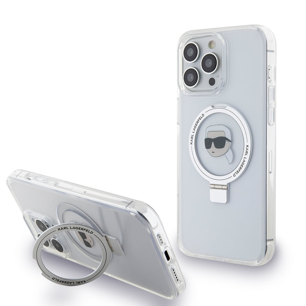 Coque MagSafe pour Apple iPhone 15 Pro Max, Karl Lagerfeld, Ring Stand Karl's Head, Blanche