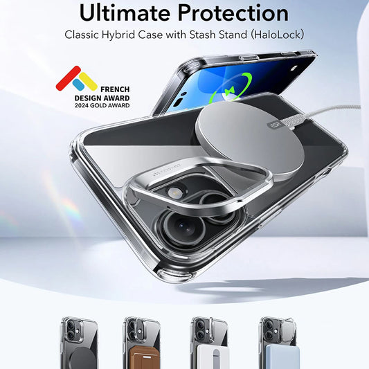 MagSafe hoes voor Apple iPhone 16, ESR, Classic Hybrid Kickstand, Transparant Zwart
