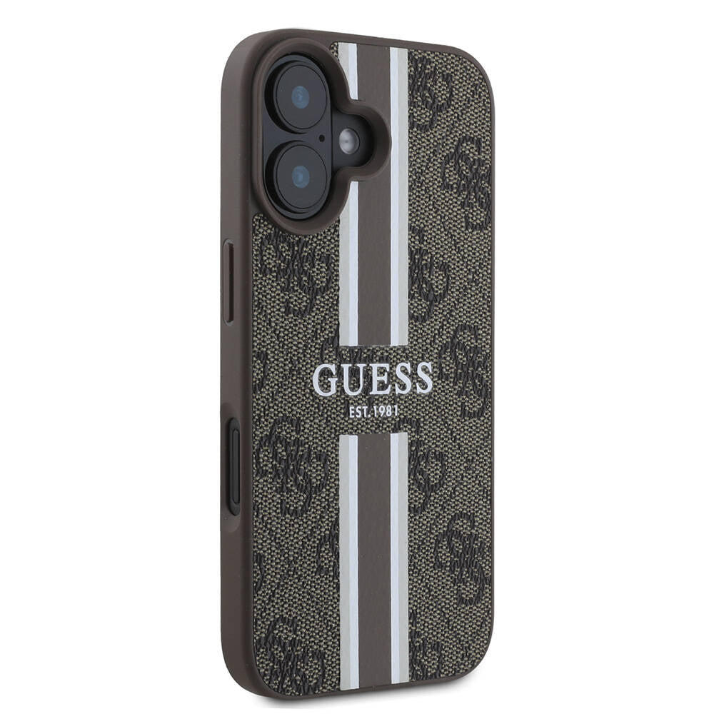 MagSafe hoesje voor Apple iPhone 16, Guess, 4G Printed Stripes, Bruin