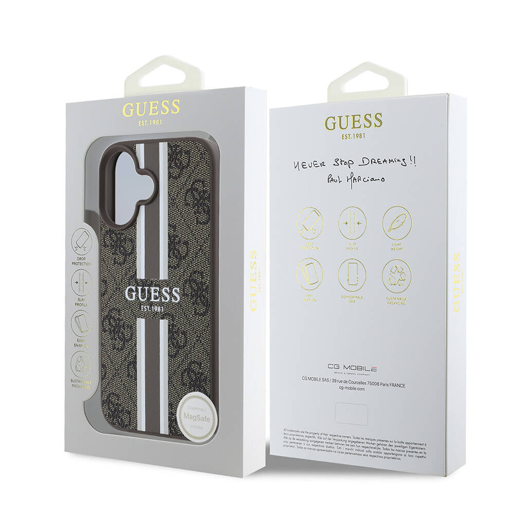 MagSafe hoesje voor Apple iPhone 16, Guess, 4G Printed Stripes, Bruin