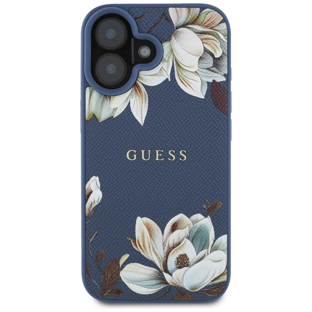 MagSafe Hülle für Apple iPhone 16, Guess, Grained Flowers, Blau