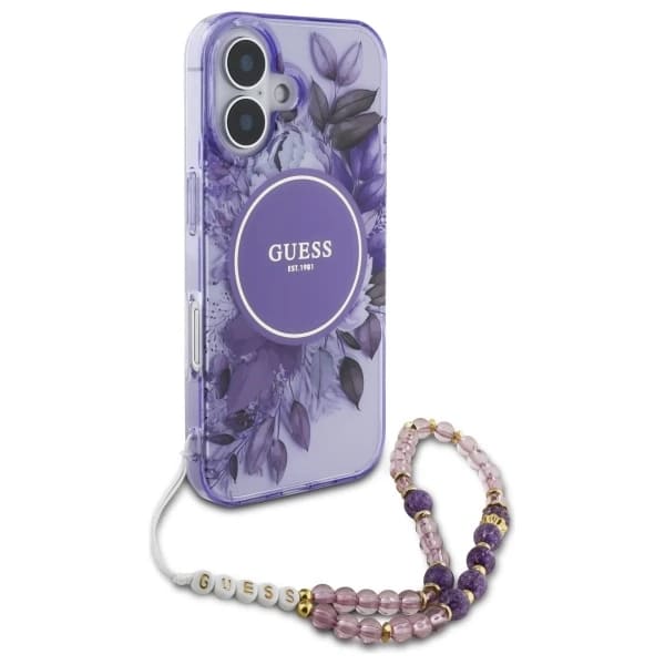 Coque MagSafe pour Apple iPhone 16, Guess, IML Flowers with Pearl Strap, Mauve