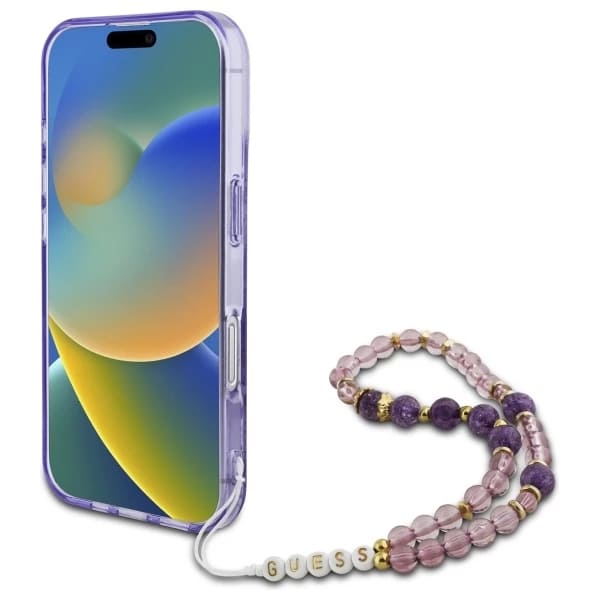 Coque MagSafe pour Apple iPhone 16, Guess, IML Flowers with Pearl Strap, Mauve
