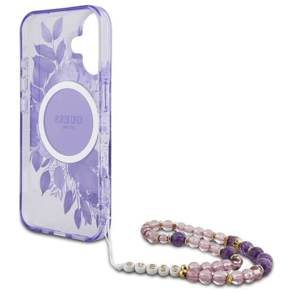 Coque MagSafe pour Apple iPhone 16, Guess, IML Flowers with Pearl Strap, Mauve