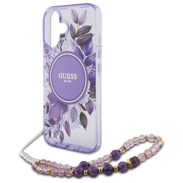 Coque MagSafe pour Apple iPhone 16, Guess, IML Flowers with Pearl Strap, Mauve