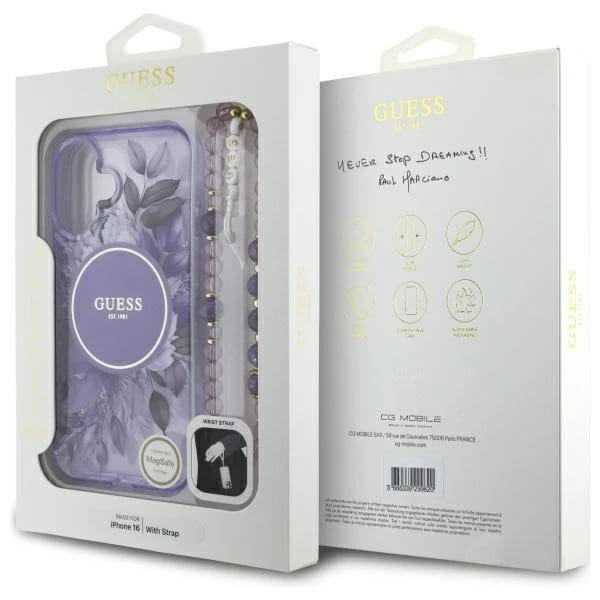 Coque MagSafe pour Apple iPhone 16, Guess, IML Flowers with Pearl Strap, Mauve