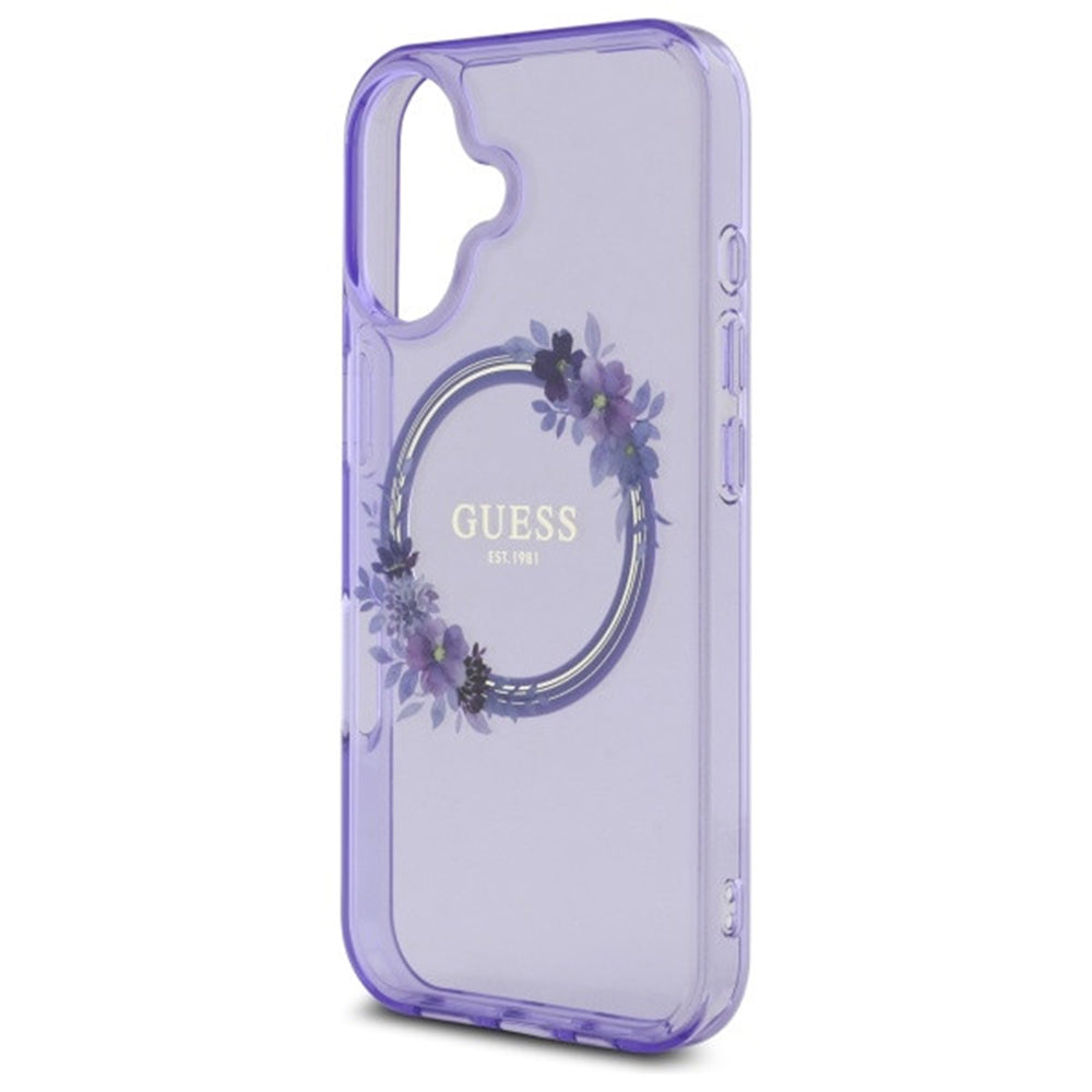 MagSafe hoesje voor Apple iPhone 16, Guess, IML Flowers Wreath, Paars