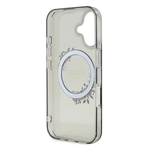 Étui MagSafe pour Apple iPhone 16, Guess, IML Couronne de Fleurs, Noir