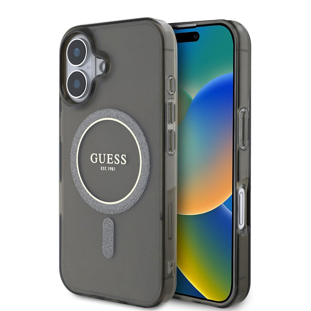 Étui MagSafe pour Apple iPhone 16, Guess, IML Glitter Circle, Noir