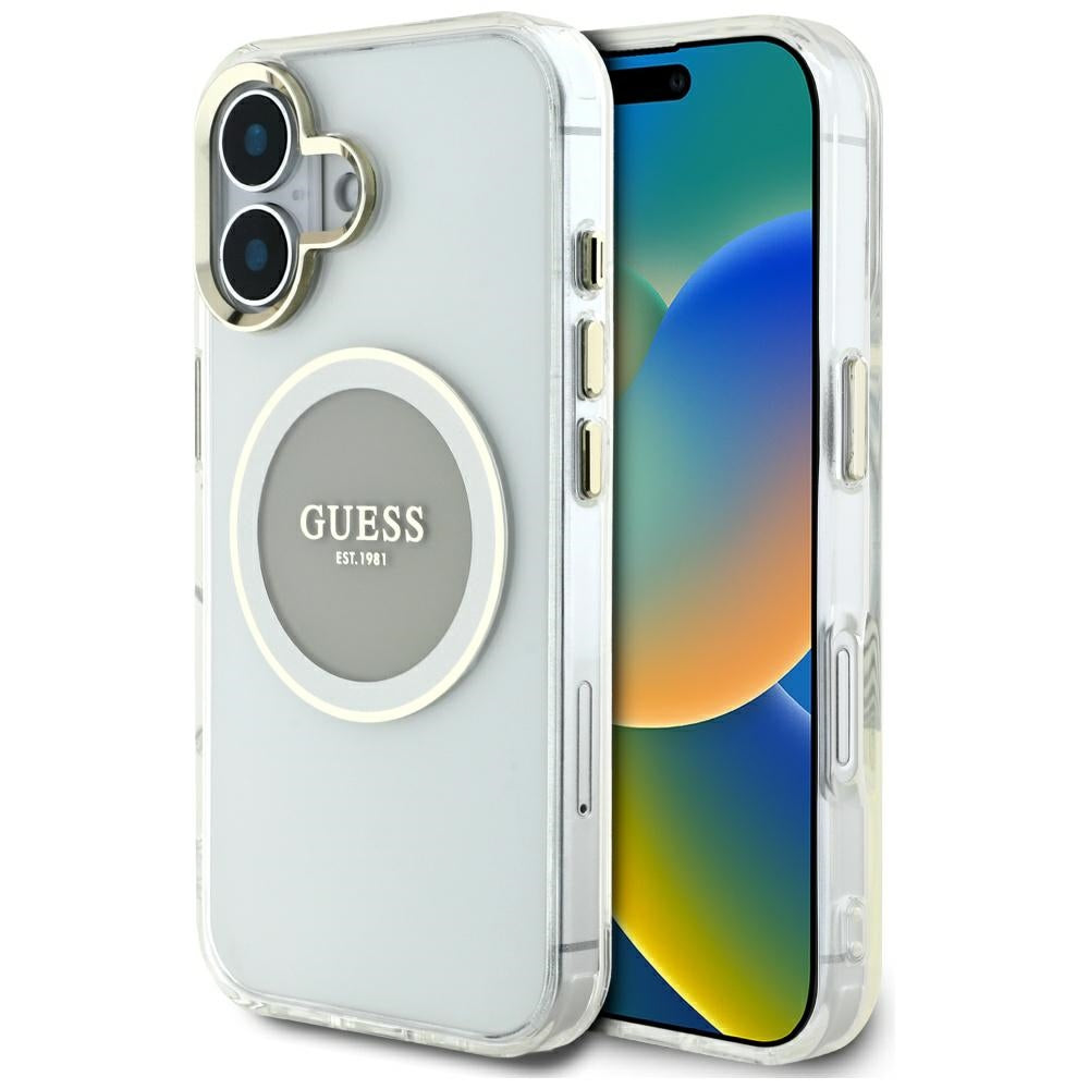 Housse MagSafe pour Apple iPhone 16, Guess, IML Cercle Métallique Coloré, Gris